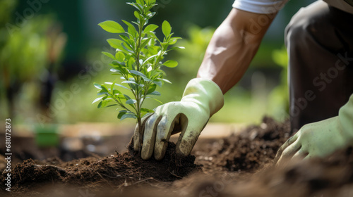 A person in gloves actively planting trees, with a community group in a garden. Promoting local food production and habitat restoration, . ai generative