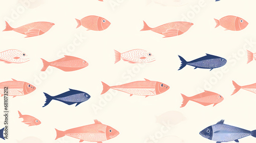 Minimalistischer Risograph-Druck mit Fischen, vielfarbige Darstellung auf hellem Hintergrund, nahtloses Muster, nahtloser Hintergrund photo