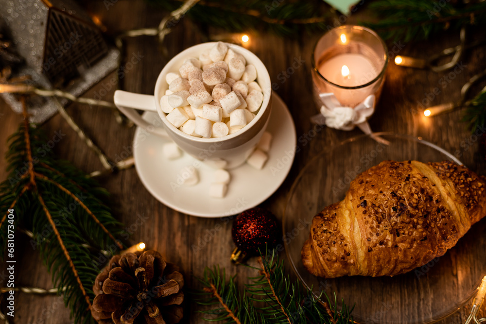 Croissant and marshmallow on the New Year's table. Romantic Family Evening Croissant and marshmallow on the New Year's table. Romantic Family Evening