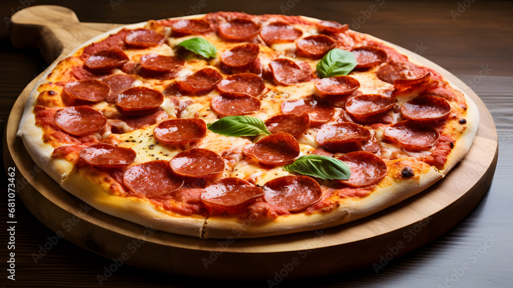 Pizza with salami and cheese on a wooden background. AI Generative