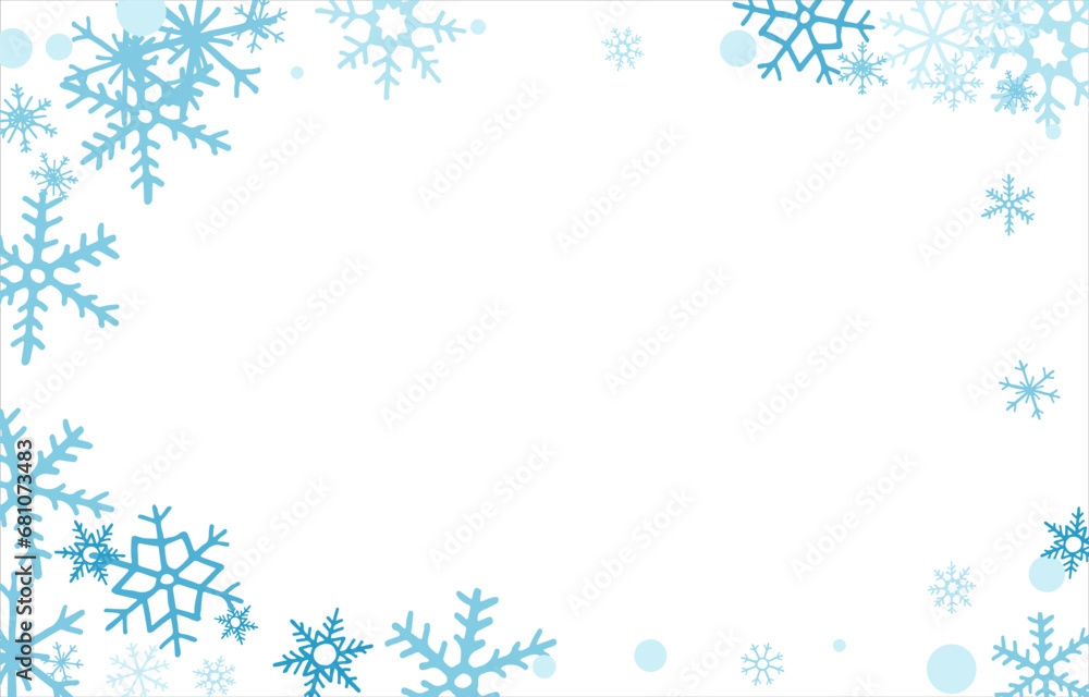 Square winter snow frame with blue snowflakes on a white background. Festive Christmas banner, New Year card. Symbols of frosty winter. Vector illustration. Square winter snow frame with blue snowflakes on a white background. Festive Christmas banner, New Year card. Symbols of frosty winter. Vector illustration.