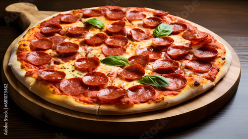 Pizza with salami and cheese on a wooden background. AI Generative