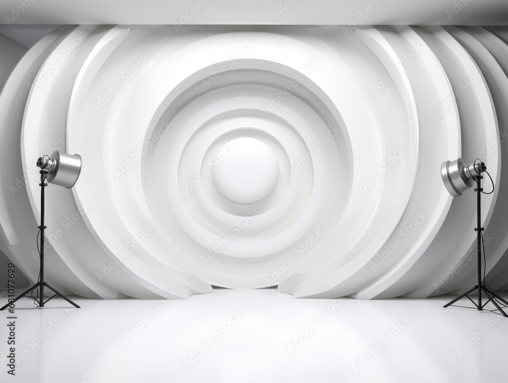 Fototapeta premium White Backdrop Paper Roll: Photographic Studio with Illuminating Lights and No Visitors Illustration Generative AI