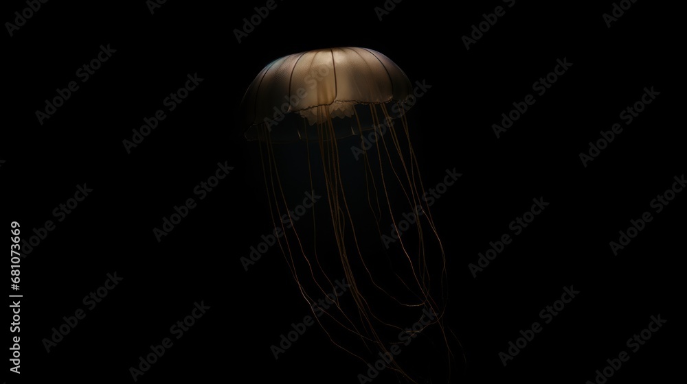  a close up of a jellyfish in the dark with it's head turned to look like it's floating in the water and it's mouth.