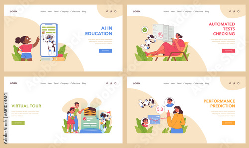 AI in Education set. Interactive learning with technology. Plagiarism detection, test automation, gamification for engagement. Innovative virtual experiences. Flat vector illustration