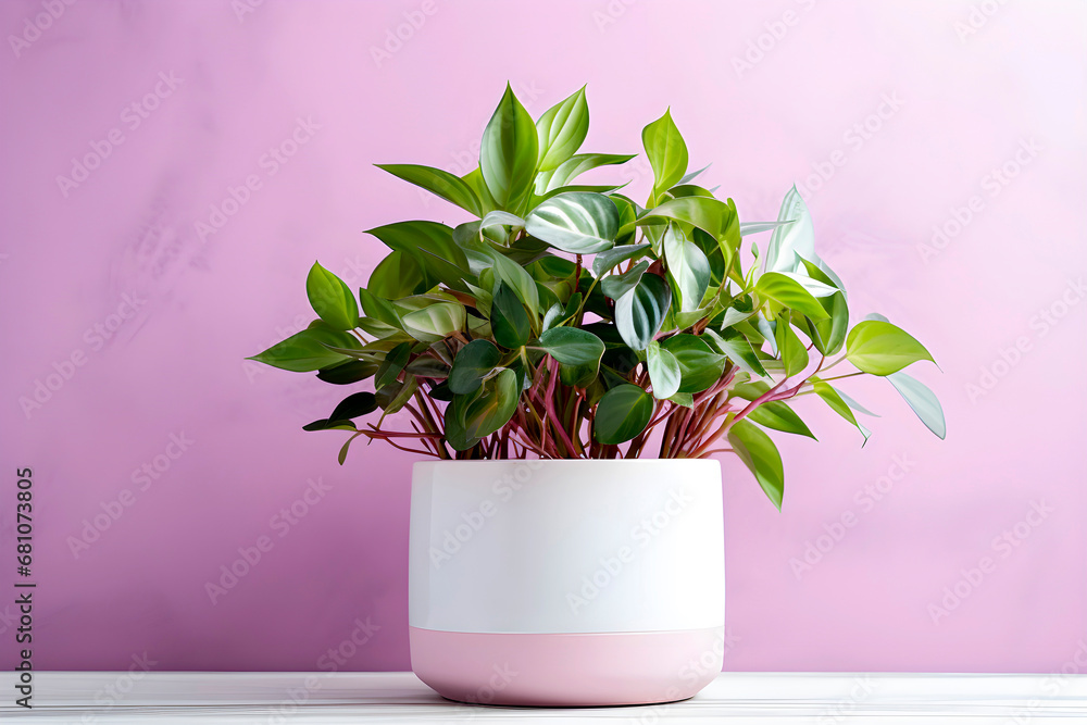 Interior scene in soft purple tones. Pots with indoor plants in the interior Interior scene in soft purple tones. Pots with indoor plants in the interior