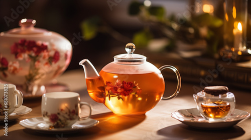 Traditional Chinese tea set with blooming tea, elegant cups, Chinese New Year gifts, blurred background, bokeh, xmas, with copy space