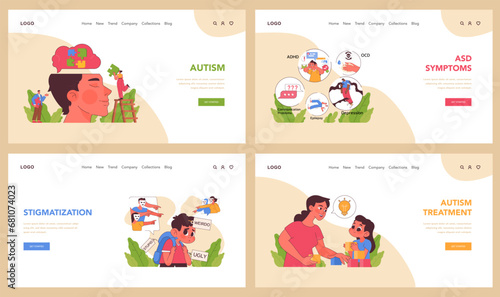 Autism awareness concept. A comprehensive look into Autism Spectrum Disorder, its symptoms, and therapeutic approaches. Understanding, treatment, and acceptance. Flat vector illustration