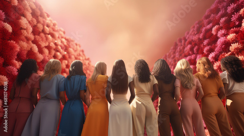 Back view of group of women against red and orange dahlias. International Women's Day and March 8 concept. Fantasy background with copy space.
