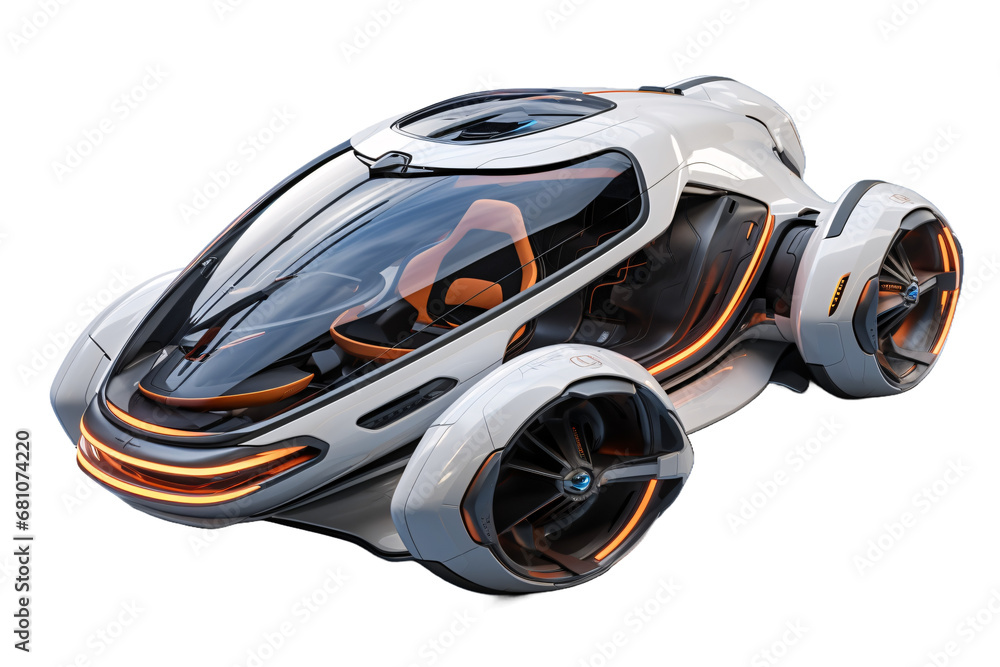 Futuristic illustration of a flying car, eco-friendly transport of the future isolated on transparent white background