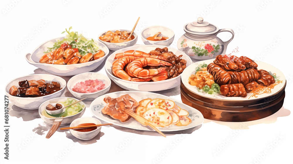 A table full of traditional Chinese New Year dishes, Chinese New Year, watercolor style, white background, with copy space