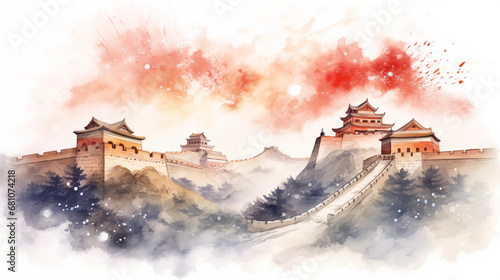 An artistic representation of the Great Wall of China with fireworks  Chinese New Year  watercolor style  white background  with copy space