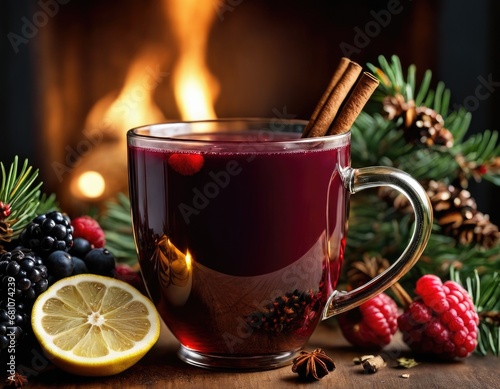 Mulled wine, gluhwein or grof with lemon cardamon anise and cynnamon with berries as Christmas warm party decoration