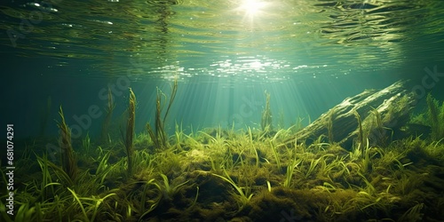Underwater Grass, Long Seaweed in Dark River Water, Overgrown Stream with Algae, Grass Waving in Water photo