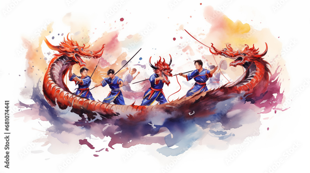 Fototapeta premium A watercolor painting of a dragon dance in action, Chinese New Year, watercolor style, white background, with copy space