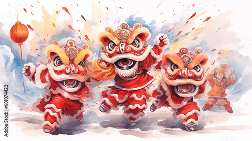A traditional lion dance performance  Chinese New Year  watercolor style  white background  with copy space