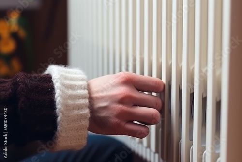 Warming Hands on White Radiator, Man Warms his Hand at Home, Cold Winter, Expensive Electricity Saving Concept,