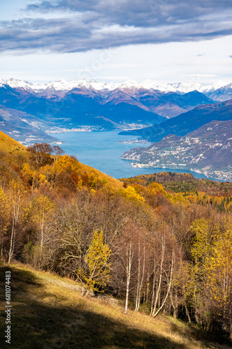 Panorama of Lake Como, photographed in autumn from Monte San Primo, with the surrounding villages and mountains. 