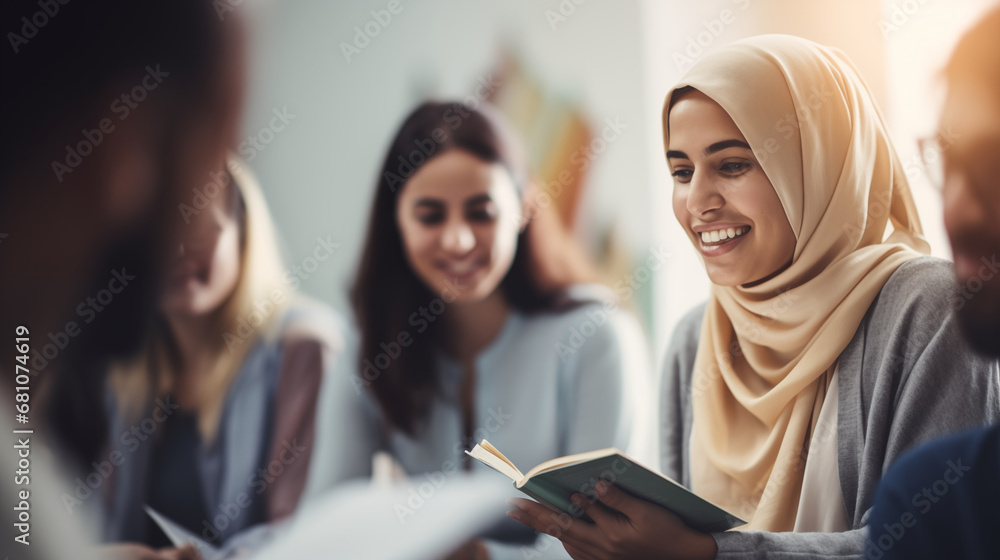 A diverse group of individuals engaged in a spirited discussion at a book club, diverse ethnicities, blurred background, bokeh, with copy space A diverse group of individuals engaged in a spirited discussion at a book club, diverse ethnicities, blurred background, bokeh, with copy space