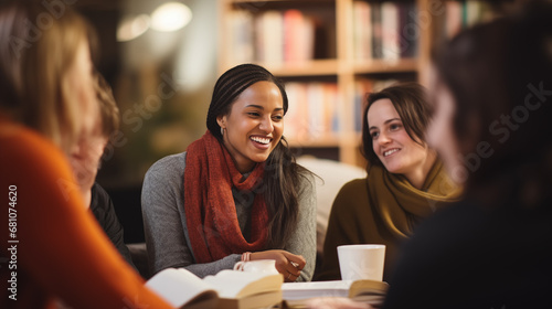 A diverse group of individuals engaged in a spirited discussion at a book club, diverse ethnicities, blurred background, bokeh, with copy space