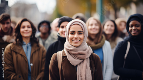 People of various ethnic backgrounds participating in a public demonstration for peace and unity, diverse ethnicities, blurred background, bokeh, with copy space