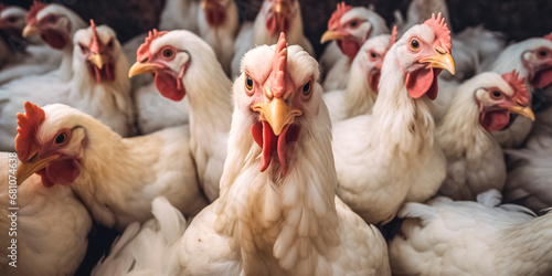 portrait of hens on an intensive chicken farm with many specimens - poultry farming concept photo