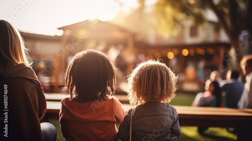 A group of diverse parents watching their children play together in a community playground, diverse ethnicities, blurred background, bokeh, with copy space