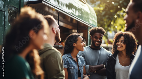 A diverse group of people queuing at a popular food truck in an urban setting, diverse ethnicities, blurred background, bokeh, with copy space