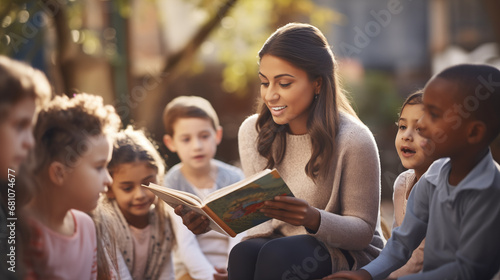 A teacher of one ethnicity reading a story to a group of children from various backgrounds, diverse ethnicities, blurred background, bokeh, with copy space