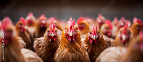 portrait of hens on an intensive chicken farm with many specimens - poultry farming concept
