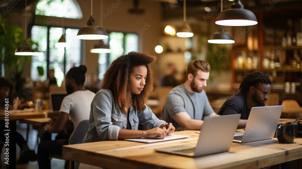 A multinational team working on a project in an urban co-working space, diverse ethnicities, blurred background, bokeh, with copy space