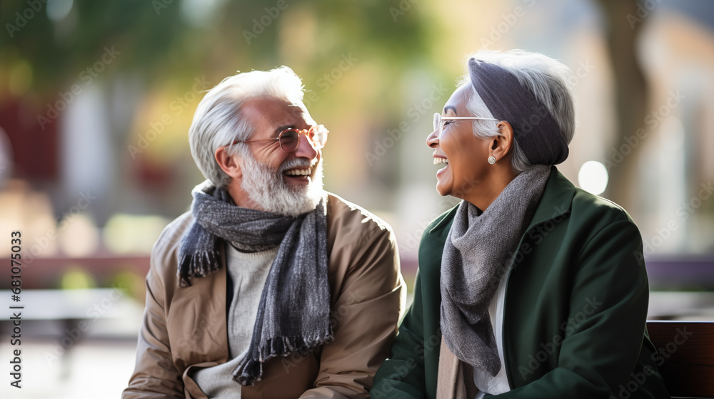 Elderly people from different cultures enjoying a conversation on a park bench, diverse ethnicities, blurred background, bokeh, with copy space