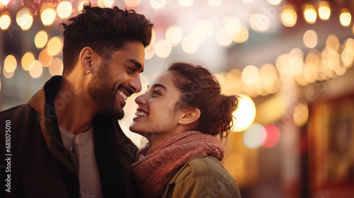 A young couple from different ethnic backgrounds on a romantic date, diverse ethnicities, blurred background, bokeh, with copy space