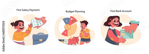 Child Financial Literacy set. Joyful introduction to earning, saving, and spending. Smart money management for kids. Financial education essentials. Flat vector illustration
