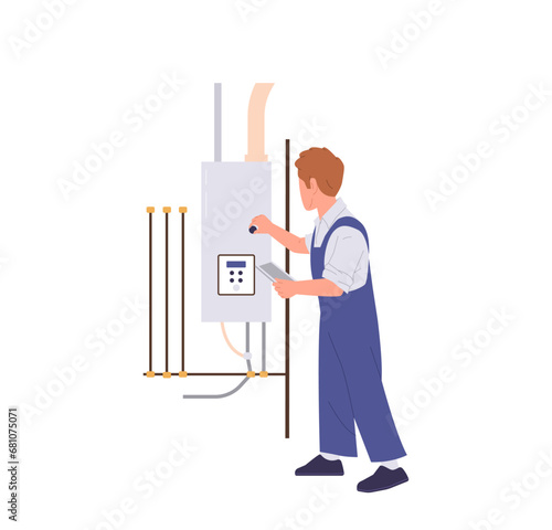 Plumber worker cartoon character in uniform repairing broken gas boiler water heater with tools