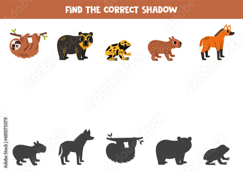 Find shadows of cute south American animals. Educational logical game for kids.