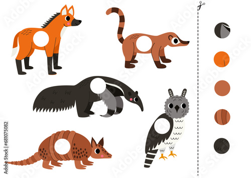 Cut and glue parts of cute  cartoon South american animals.