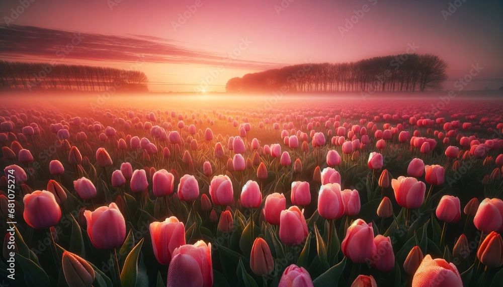 At the break of dawn, vibrant tulips stand tranquil in a panoramic landscape, their colors blooming radiantly under the soft, rosy glow of the rising sun. Generative AI