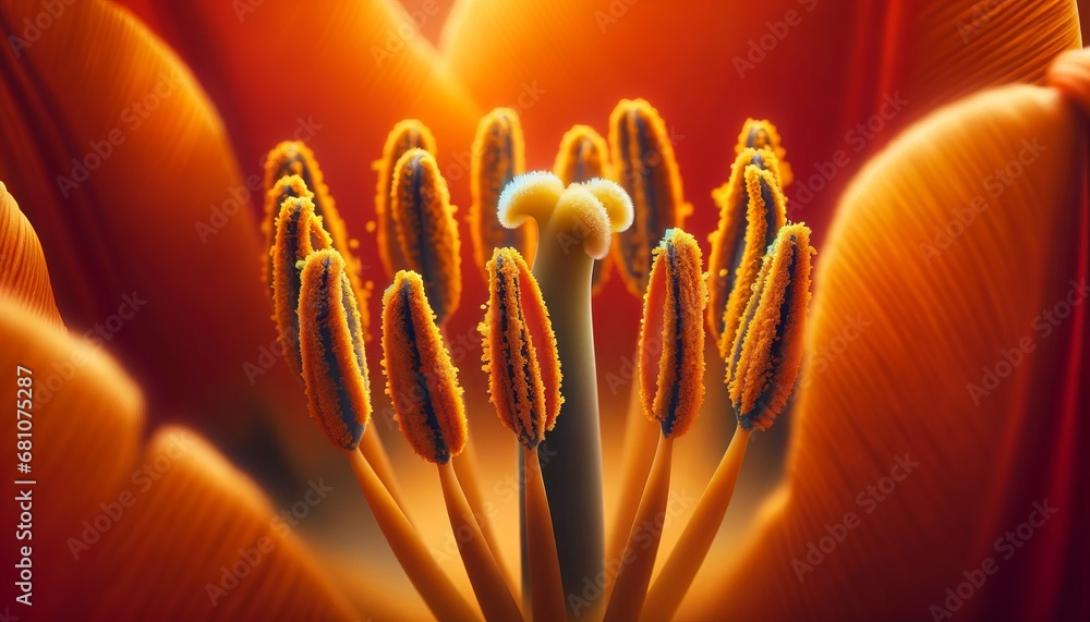 A macro view of vibrant orange tulip stamens, showcasing the delicate texture and intricate details of nature's floral design, with sharp focus on pollen grains. Generative AI - obrazy, fototapety, plakaty 