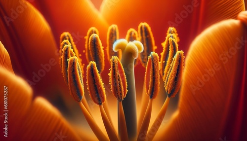 A macro view of vibrant orange tulip stamens, showcasing the delicate texture and intricate details of nature's floral design, with sharp focus on pollen grains. Generative AI photo