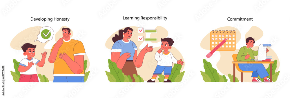 Child Responsibility set. Teaching virtues of honesty, practicing responsibility and nurturing dedication in kids. Parents guiding children in values and tasks. Flat vector illustration
