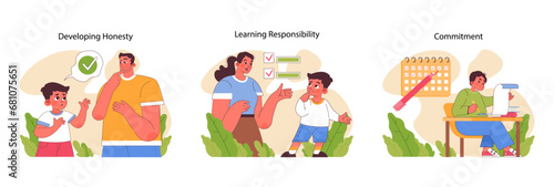 Child Responsibility set. Teaching virtues of honesty, practicing responsibility and nurturing dedication in kids. Parents guiding children in values and tasks. Flat vector illustration