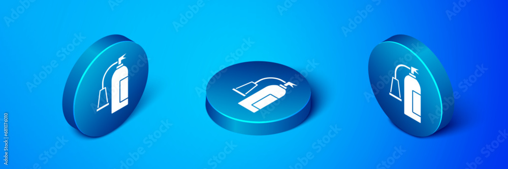 Isometric Fire extinguisher icon isolated on blue background. Blue circle button. Vector