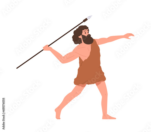 Caveman hunter cartoon character wearing tribal clothing running with ancient spear weapon