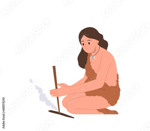 Tribal woman cartoon character representative of old civilization making fire isolated on white