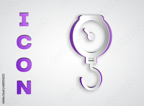 Paper cut Hand scale spring mechanical icon isolated on grey background. Paper art style. Vector