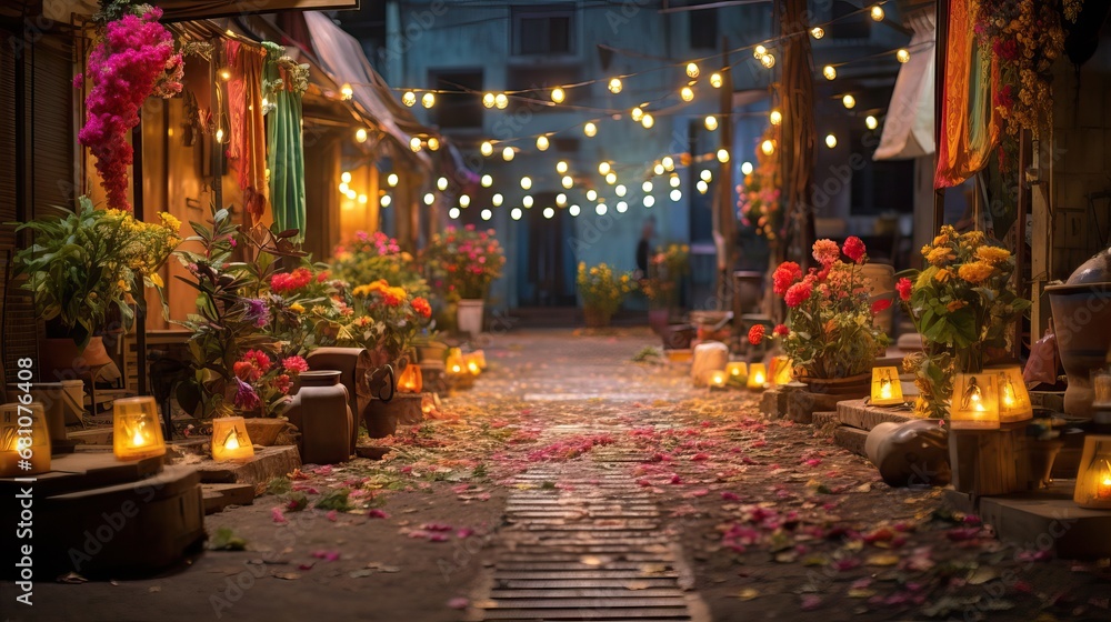Diwali Splendor: Luxurious Lane Adorned with Lamps, Fairy Lights, and Flowers in Vibrant Indian Commercial Set generative ai