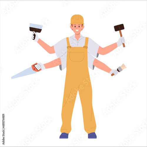 Multitasking handyman cartoon character having lots of arms with different tools isolated on white