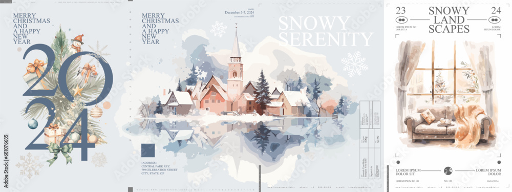 Merry Christmas and happy new year. 2024. Watercolor posters. Cozy Christmas interior. Winter countryside landscape. Typographic poster design and vectorized watercolor objects on background. - obrazy, fototapety, plakaty 