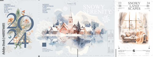 Merry Christmas and happy new year. 2024. Watercolor posters. Cozy Christmas interior. Winter countryside landscape. Typographic poster design and vectorized watercolor objects on background. photo